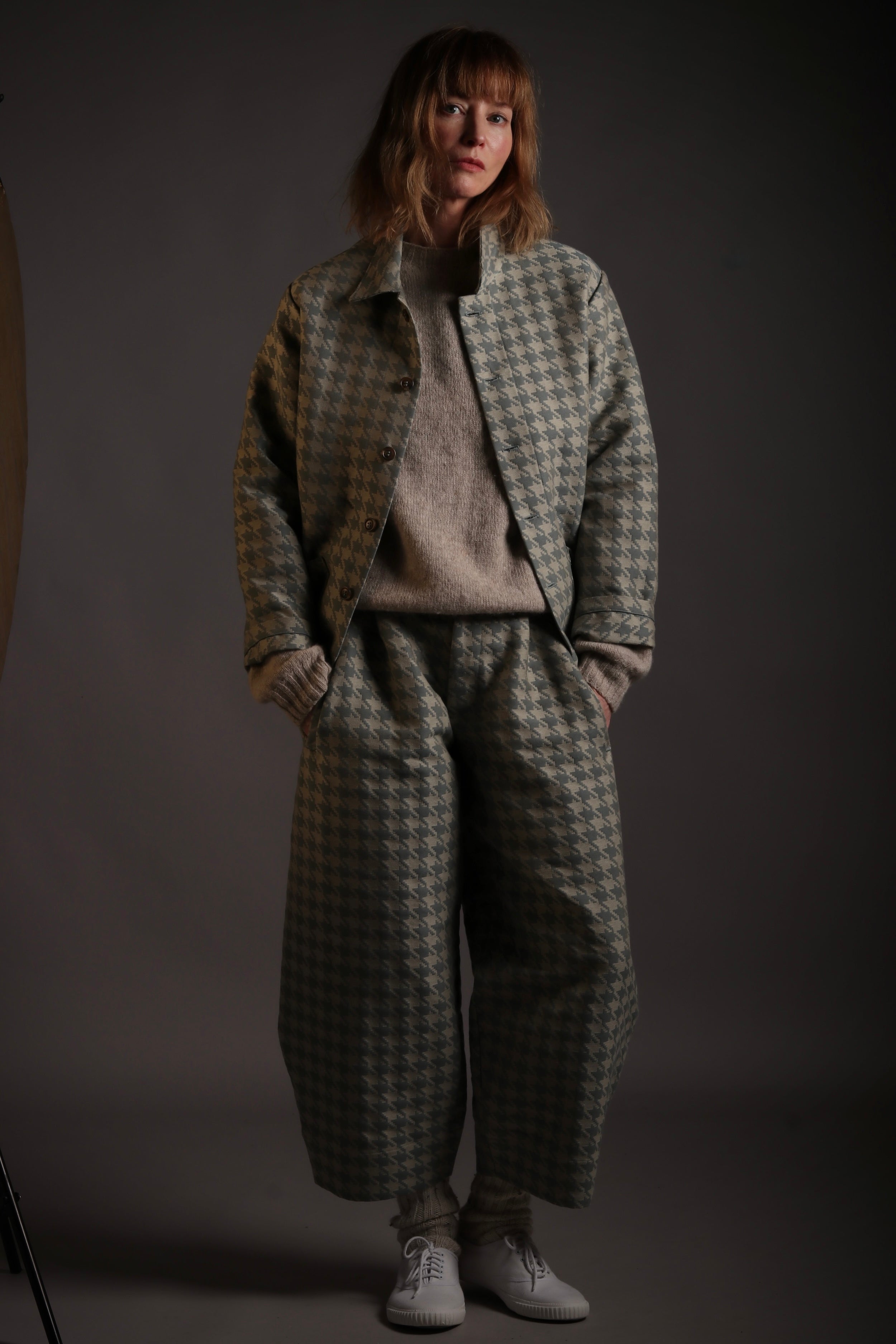 Sienna wears Carrier Company x Flora Soames Dutch Trouser in Duck Egg Walt