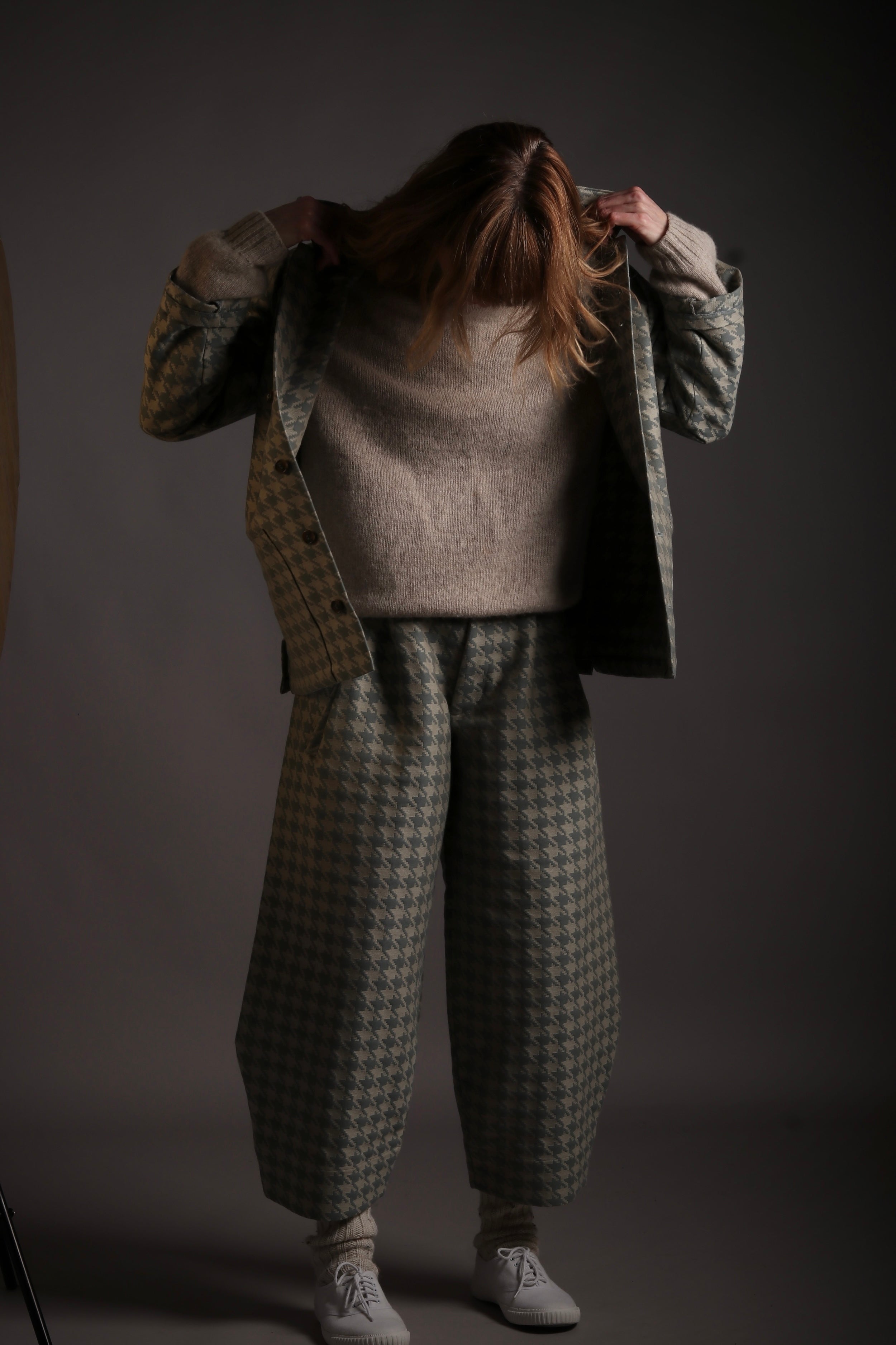 Sienna wears Carrier Company x Flora Soames Dutch Trouser in Duck Egg Walt