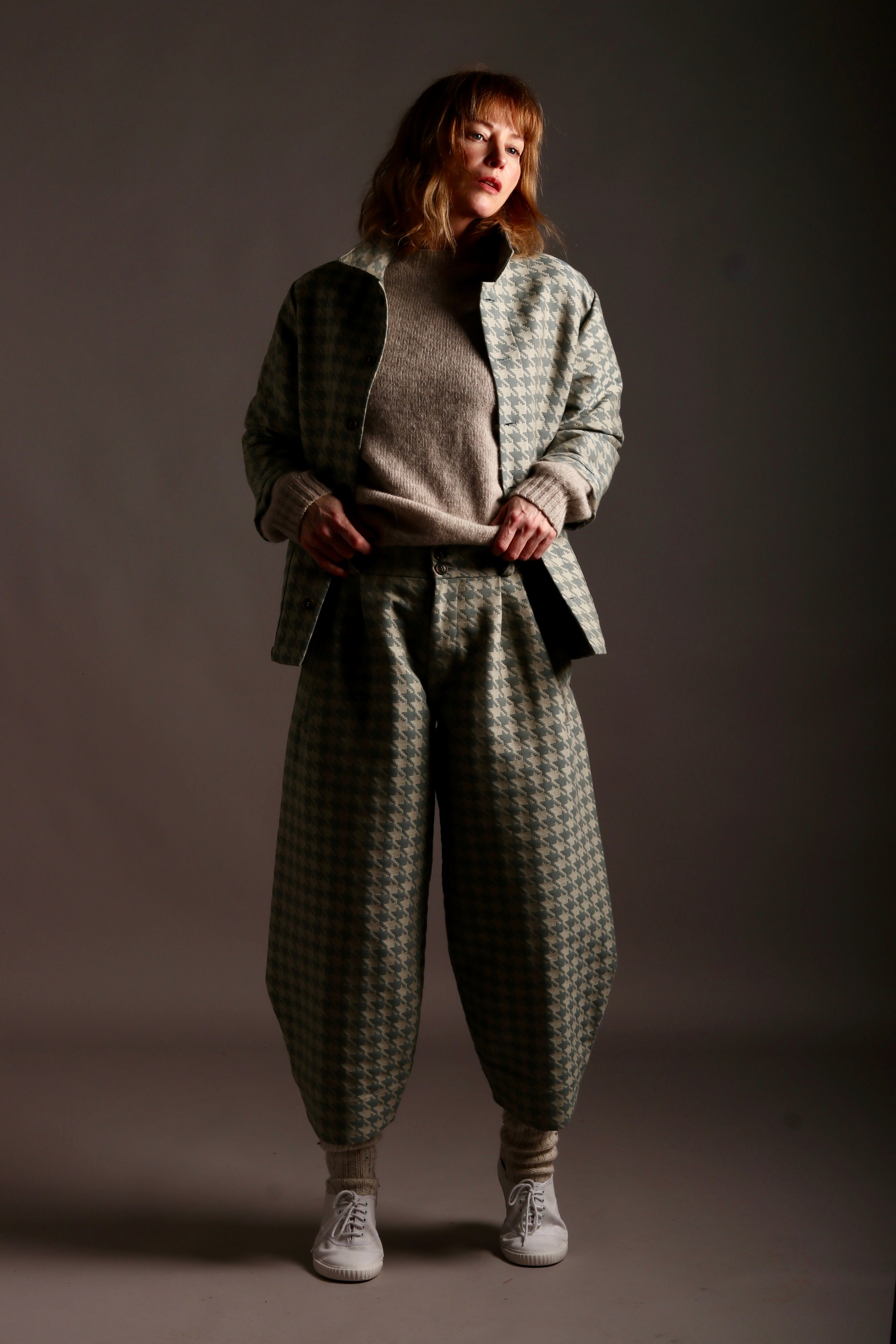 Sienna wears Carrier Company x Flora Soames Dutch Trouser in Duck Egg Walt