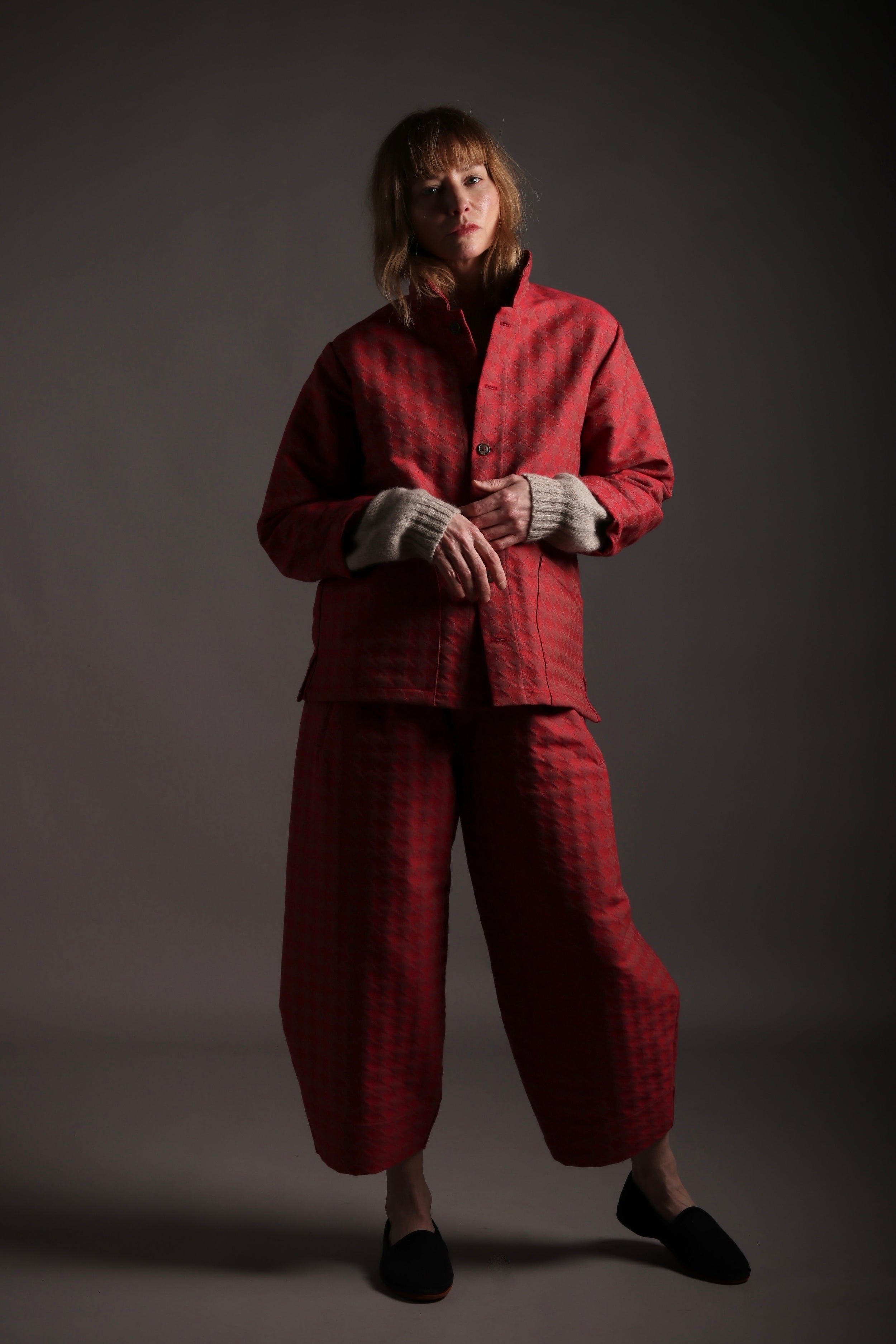 Sienna wears Carrier Company x Flora Soames Dutch Trouser in Crimson Walt