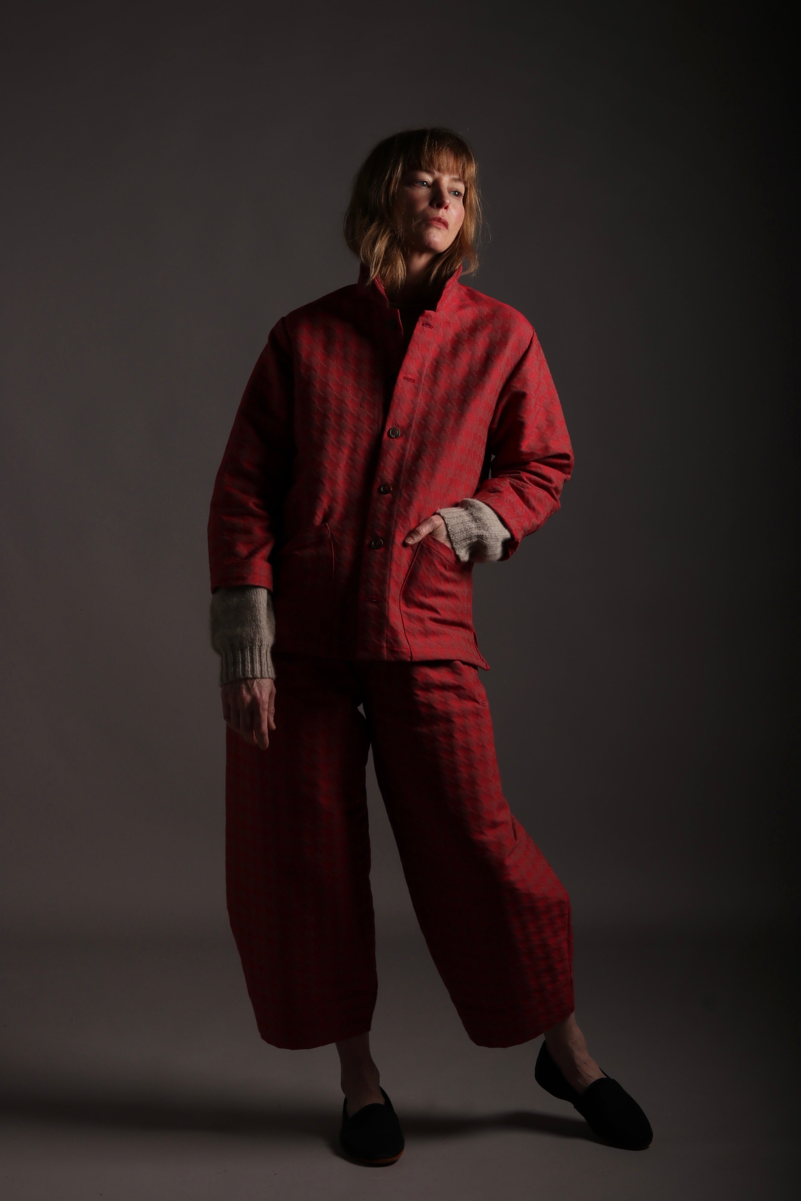 Sienna wears Carrier Company x Flora Soames Norfolk Work Jacket in Crimson Walt and CC x FS Dutch Trouser