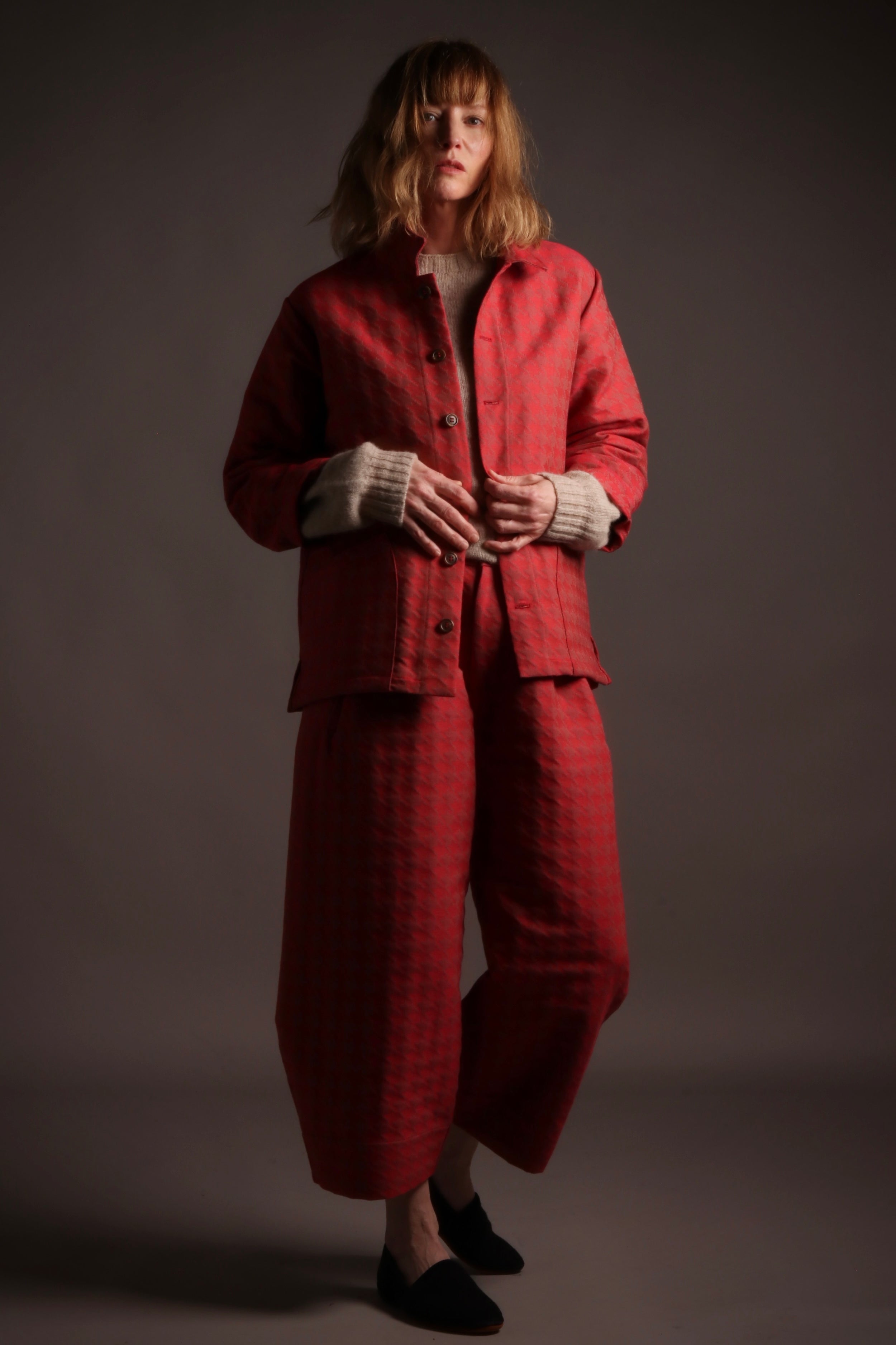 Sienna wears Carrier Company x Flora Soames Dutch Trouser in Crimson Walt